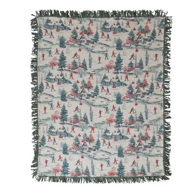 Creative Co-op Vintage Ski Scene Cotton Throw With Fringe In Multi