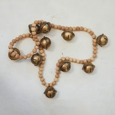 Creative Co-op Wood Bead And Metal Bell Garland In Gold;natural
