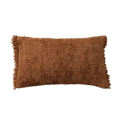 Creative Co-op Woven Cotton Blend Chenille Lumbar Pillow With Eyelash Fringe In Amber