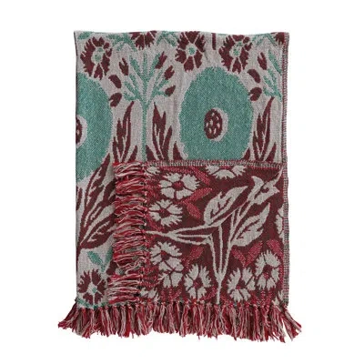 Creative Co-op Woven Cotton Blend Jacquard Throw Blanket With Flower Pattern And Fringe In Green;red