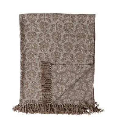 Creative Co-op Woven Cotton Blend Jacquard Throw With Floral Pattern And Fringe In Beige