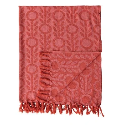 Creative Co-op Woven Cotton Blend Jacquard Throw With Floral Pattern And Fringe In Red