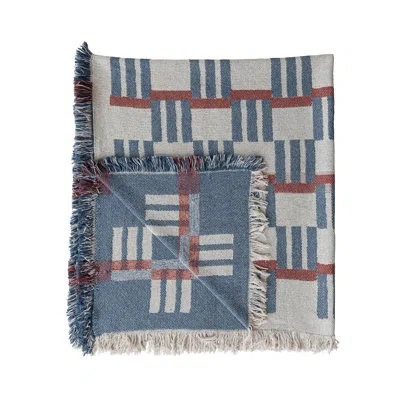Creative Co-op Woven Cotton Blend Jacquard Throw With Stripes/block Pattern And Fringe In Blue;white;red