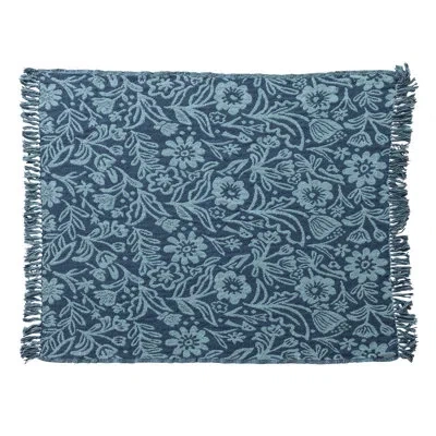 Creative Co-op Woven Cotton Blend Throw With Floral Pattern And Fringe In Blue