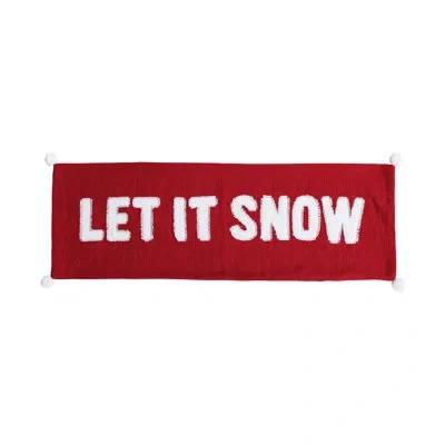Creative Co-op Woven Cotton Lumbar Pillow With Applique And Pom Poms "let It Snow" In Red,white