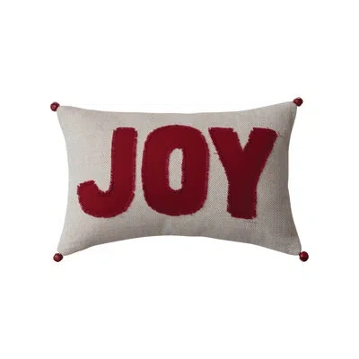Creative Co-op Woven Cotton Lumbar Pillow With Appliqued "joy" And Jingle Bells In White;red