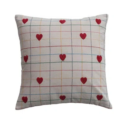 Creative Co-op Woven Cotton Pillow With Grid Pattern And Embroidered Hearts In Multicolor