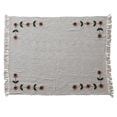 Creative Co-op Woven Cotton Slub Throw With Hand-embroidered Flowers And Fringe In White;green;pink