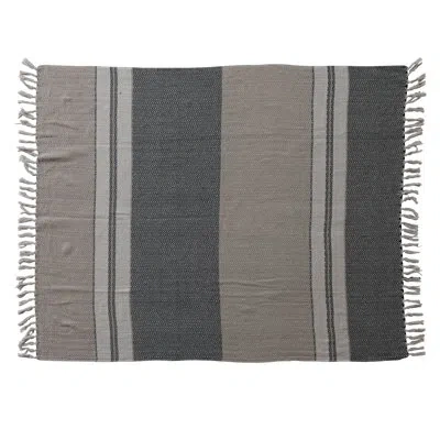 Creative Co-op Woven Cotton Striped Throw With Fringe In Beige;cream;grey