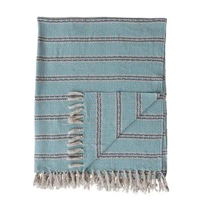 Creative Co-op Woven Cotton Striped Throw With Fringe In Blue