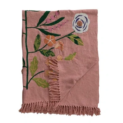 Creative Co-op Woven Cotton Throw With Embroidered Flowers And Fringe In Blue;white;green;yellow;pink;orange
