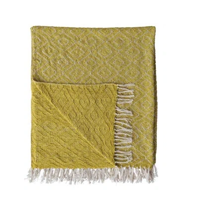 Creative Co-op Woven Fabric Chenille Throw With Diamond Pattern And Fringe In White;yellow