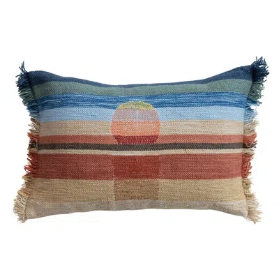 Creative Co-op Woven Fabric Indoor/outdoor Lumbar Pillow With Sunset Design, Embroidery, And Eyelash Fringe In Multicolor