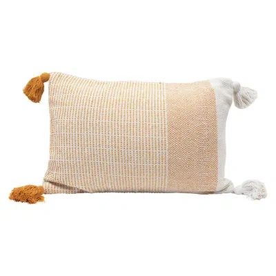 Creative Co-op Woven Recycled Cotton Blend Lumbar Pillow With Tassels In Yellow & Cream