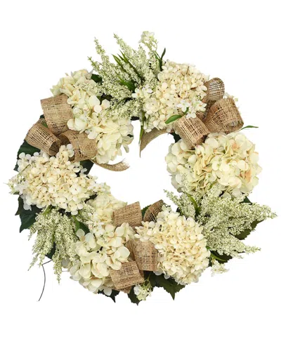 Creative Displays 23in Cream Hydrangea And Heather Wreath With Bows In Multi