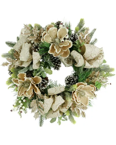 Creative Displays 24 Gold Magnolia Holiday Wreath With Bunches Of Pine In Multi