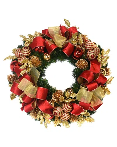 Creative Displays 25in Christmas Evergreen Wreath With Holly Leaves & Ornaments In Red