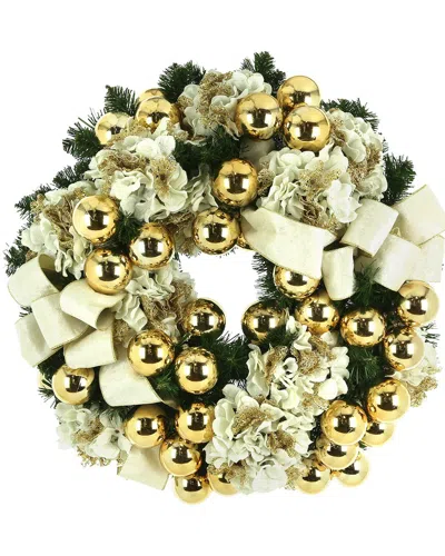 Creative Displays 26 Cream And Gold Holiday Wreath With Hydrangeas, Ornaments, And Velvet Bows In White