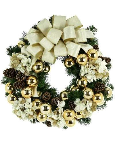 Creative Displays 26 Hydrangea Cream And Gold Christmas Wreath With A Large Bow And Ornaments In Neutral