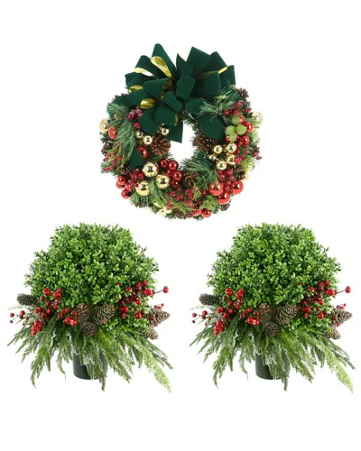 Creative Displays 26in Christmas Holiday Wreath & 2 Uv-rated Boxwood Topiary Drop-ins In Green