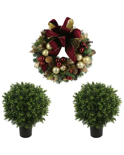 Creative Displays 26in Christmas Wreath & Set Of 2 Uv-rated Boxwood Topiary Drop-ins In Red