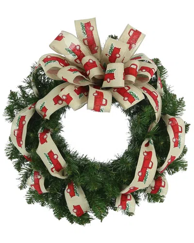 Creative Displays 26in Evergreen Holiday Wreath With Red Truck Printed Bow In Green