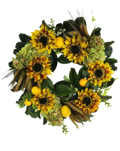 Creative Displays 26in Fall Wreath With Sunflowers, Hydrangeas And Lemons In Yellow