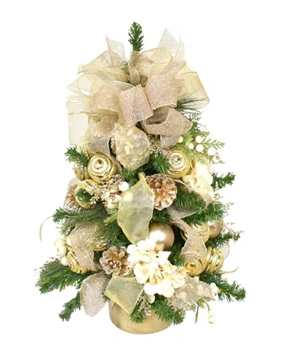 Creative Displays 26in Gold Holiday Tree Decorated With Hydrangeas In Green