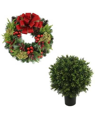Creative Displays 26in Traditional Christmas Holiday Wreath & Uv-rated Boxwood Topiary In Red