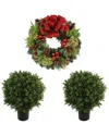 Creative Displays 26in Traditional Christmas Wreath & Set Of 2 Uv-rated Boxwood Topiary Drop-ins In Red