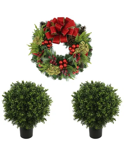 Creative Displays 26in Traditional Christmas Wreath & Set Of 2 Uv-rated Boxwood Topiary Drop-ins In Red
