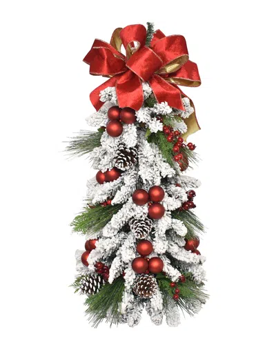 Creative Displays 28in Holiday Snow Flocked Tree Decorated With Large Red Bow In Multi