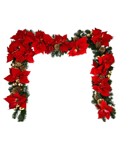 Creative Displays 9ft Christmas Garland With Poinsettias & Ornaments In Red