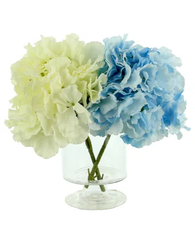 Creative Displays Blue & White Hydrangeas Arranged In A Clear Glass Vase