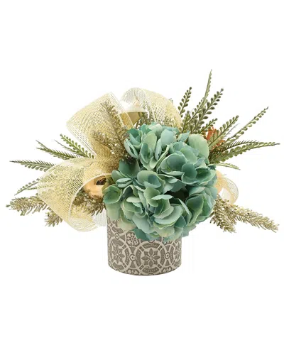 Creative Displays Blue Hydrangea And Fern Holiday Arrangement In A Decorative Ceramic Vase In Green