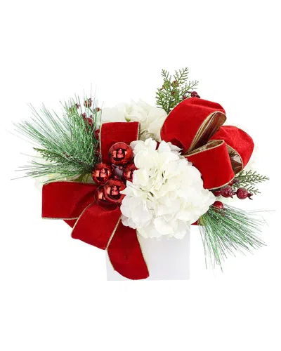 Creative Displays Christmas Arrangement With Hydrangeas & Velvet Bow In Red