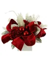 Creative Displays Christmas Arrangement With Hydrangeas, Snowy Branches & Bows In Red