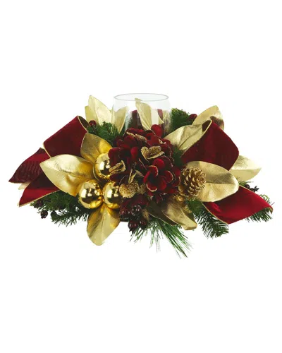 Creative Displays Christmas Candleholder With Hydrangeas & Magnolia Leaves In Multi