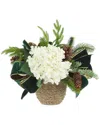 Creative Displays Christmas Holiday Arrangement With White Hydrangeas & Green Bows In White
