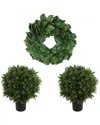 Creative Displays Christmas Holiday Set With 24in Classic Magnolia Wreath & 2 Uv-rated Boxwood Drop- In Green