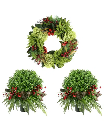 Creative Displays Classic Christmas Holiday Set With 22in Wreath & 2 Uv Boxwood Drop-ins In Green