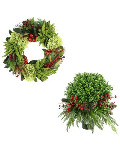 Creative Displays Classic Christmas Holiday Set With 22in Wreath & Uv Boxwood Drop-in In Green