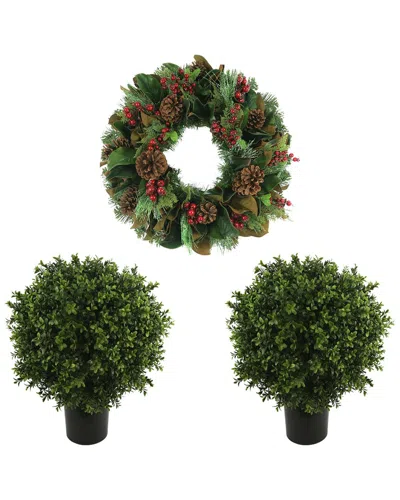 Creative Displays Classic Christmas Holiday Wreath & 2 Uv Boxwood Drop-ins In Green