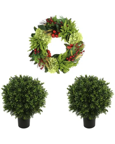 Creative Displays Classic Holiday Set With 22in Christmas Wreath & 2 Uv Boxwood Drop-ins In Green