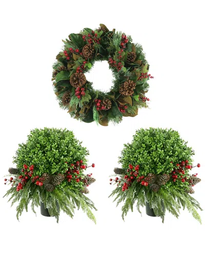 Creative Displays Classic Holiday Set With Christmas Wreath & 2 Uv Boxwood Drop-ins In Green