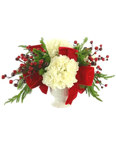 Creative Displays Cream Hydrangea And Evergreen Holiday Arrangement In Ceramic Vase In Animal Print
