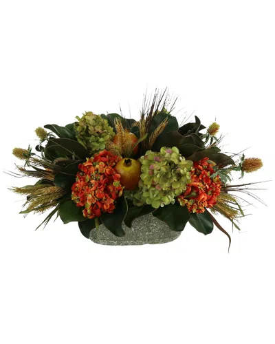 Creative Displays Fall Green And Orange Hydrangea Floral Arrangement In A  Stone Planter