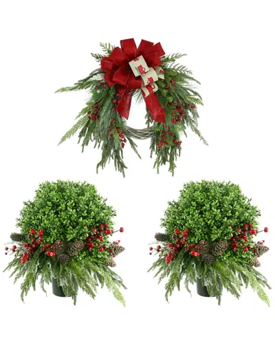 Creative Displays Farmhouse Holiday Set With 30in Red Truck Christmas Wreath & Uv Boxwood Drop-in