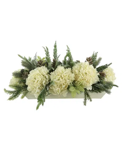 Creative Displays Flocked Evergreen Christmas Centerpiece With Hydrangeas In White