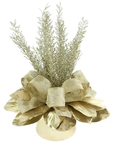 Creative Displays Gold Holiday Arrangement With Magnolia Leaves & Bows In A Glass Vase In Multi